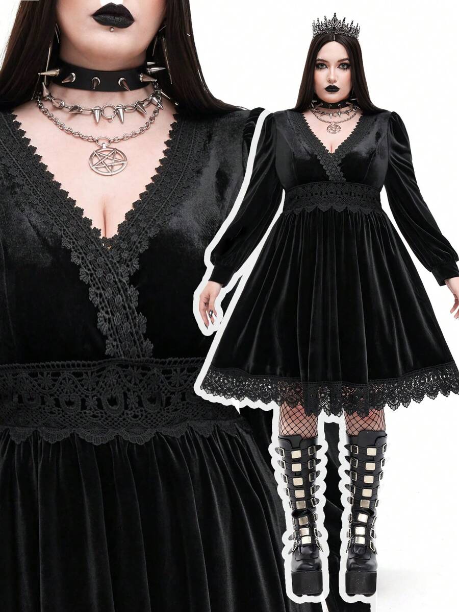 Whyspr Goth Punk Punk Gothic Plus Size V-Neck Lace Trim Puff Sleeve Velvet A-Line Party Dress, Elegant Goth Women Outfit - Black - View 1