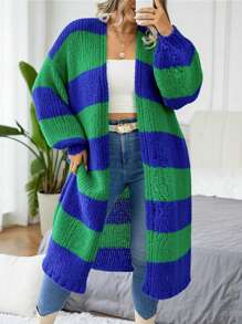 SHEIN CURVE+ 极简时尚大码蓝绿条纹开衫毛衣，简约休闲舒适，采用优质面料制成，亲肤，穿着无忧，适合毕业典礼，节日，母亲节，万圣节，新年，情人节，感恩节，圣诞节，复活节，国庆节，舞会，除夕，冬季 - 藍色 - 查看 6