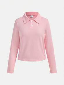 2pcs/Set Teen Girls Y2K Style Pink Ribbed Knit Collared Long Sleeve Cropped Top & Denim Flared Pants With Elastic Heart Print - Multicolor - View 8