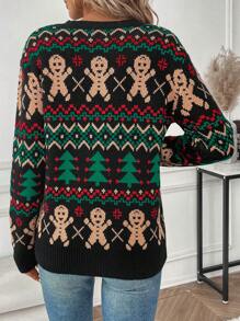 EMERY ROSE Christmas Women Crew Neck Long Sleeve Graphic Detail Simple Casual Sweater Knit Pullover Fall Winter - Black - View 2