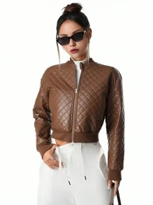 Teenage Girls Casual Retro Textured PU Leather Zip-Up Short Jacket - Brown - View 5
