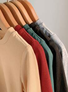 SHEIN 5 chiếc/gói Áo thun cổ tròn dài tay thường ngày phù hợp cho bé trai/bé gái, vừa vặn thoải mái, màu đen, xám, kaki, nâu, xanh lá cây, phối nhiều màu - Nhiều màu - Xem 7