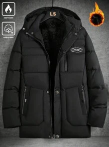 Manfinity Homme 男士纯色连帽领拉链口袋加厚外套，冬季外套，保暖外出黑色休闲外套，适合朋友、丈夫、男朋友的礼物 - 黑色 - 查看 1