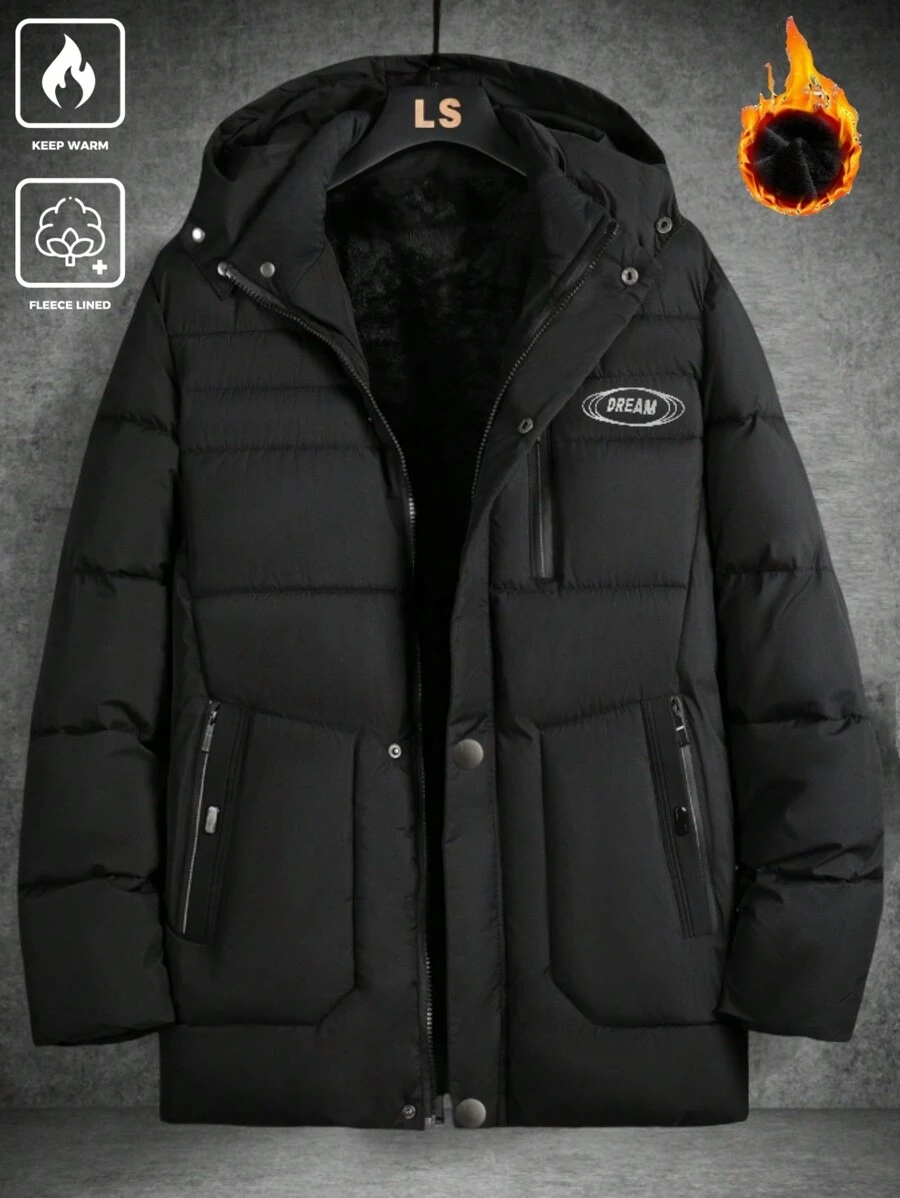 Manfinity Homme 男士纯色连帽领拉链口袋加厚外套，冬季外套，保暖外出黑色休闲外套，适合朋友、丈夫、男朋友的礼物 - 黑色 - 查看 1