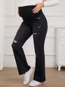 SHEIN Maternity Adjustable Waist Ripped Casual Flare Leg Jeans - Black - View 6