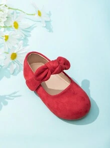 1pair Cute Velvet Bow Decor Flats For Little Girls, Suitable For All Seasons