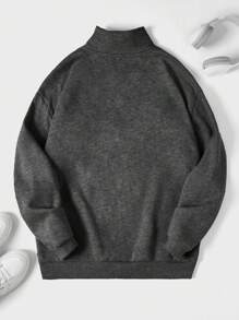 EURMUSE Cotton Men Letter Patched Quarter Zip Sweatshirt - Dark Grey - View 2