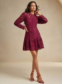 Anewsta Váy dài tay ren hoa thanh lịch màu trắng tinh khiết cho trang phục dự tiệc năm mới - Đỏ - Xem 3