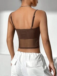 SHEIN EZwear Summer Black TopContrast Mesh Crop Cami Top - Brown - View 2