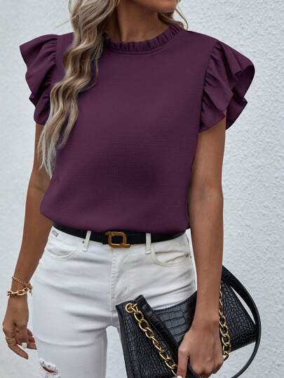 Breezaya Solid Color Ruffle Collar Short Sleeve Elegant Blouse