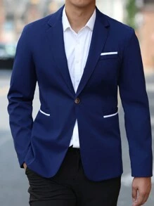 Manfinity Mode Men's Colorblock Long Sleeve Business/Office Suit Jacket - Navy Blue - View 3