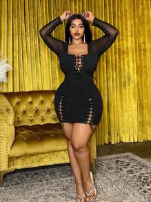 Slaydiva فستان ضيق ذو أكمام طويلة من الشمواه مزين بالحبك، للمقاسات الكبيرة بأربطة رفيعة وطراز الشارع - الأسود - مشاهدة 4