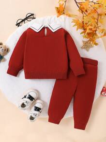 SHEIN Playful Pals 时尚男婴卡通印花领长袖毛衣上衣和针织裤针织套装，适合圣诞节 - 彩色 - 查看 2