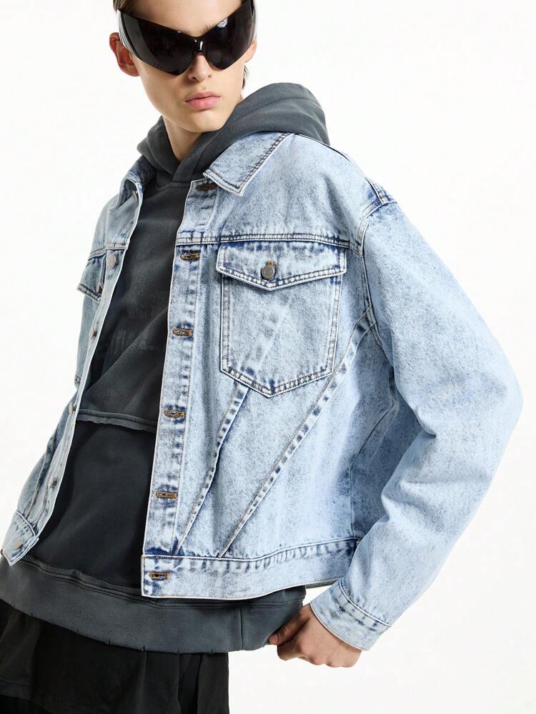 Men's Streetwear Short Light Blue Denim Long Sleeve Jacket