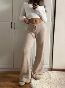 Quần len dáng rộng rút dây màu trơn đơn giản cho mùa thu/đông - Màu Khaki - Xem 6