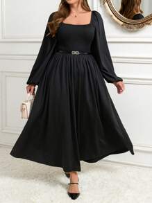 SHEIN Clasi 针织弹力大码黑色方领中长连衣裙，秋冬季舒适 - 黑色 - 查看 4