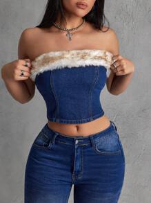 SHEIN EZwear Women Summer Fashionable Everyday Denim Bustier Top With Furry Trim, Slim Fit - Blue - View 1