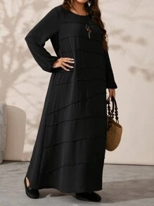 Rosumi Plus Size Women Black Casual Solid Color Lantern Sleeve Loose Dress For Spring & Autumn - Black - View 6