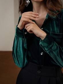 Aveloria Modichic Áo sơ mi cài nút tay dài thanh lịch kiểu Pháp dành cho nữ Áo sơ mi cài nút dành cho nữ thanh lịch dành cho nữ - Màu xanh lá cây đậm - Xem 7