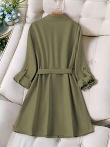 Chiquease 1 件女士纯色时尚优雅休闲办公长款风衣，春秋季 - 軍綠色 - 查看 2