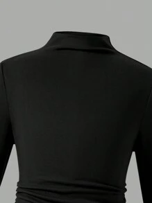 Tween Girls Stand Collar Solid Color Ruched Asymmetric Hem Long Sleeve T-Shirt - Multicolor - View 5