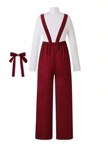2 Pieces Set For Tween Girl, Casual Red Party Overall Jumpsuit And T-Shirt, Stylish And Versatile, Suitable For Fall And Spring Winter
