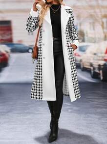 SHEIN Clasi Women's Colorblock Houndstooth Lapel Metal Double-Breasted Long Sleeve Elegant Woolen Coat, Autumn Winter