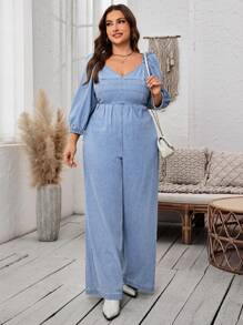 SHEIN LUNE 大码女式甜心领露背打结泡泡袖宽松阔腿牛仔连体裤