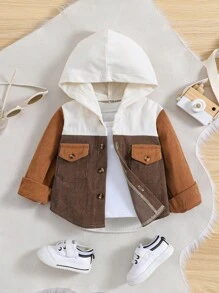 SHEIN Áo trùm đầu vá ba màu mùa thu cho bé trai, phong cách thể thao đường phố giản dị, thích hợp cho các buổi đi chơi, nghỉ dưỡng, tiệc tùng và ngày lễ - Cà phê nâu - Xem 1