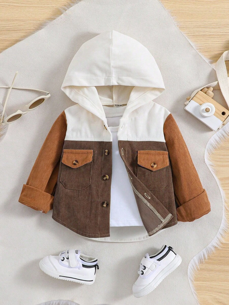 SHEIN Áo trùm đầu vá ba màu mùa thu cho bé trai, phong cách thể thao đường phố giản dị, thích hợp cho các buổi đi chơi, nghỉ dưỡng, tiệc tùng và ngày lễ - Cà phê nâu - Xem 1