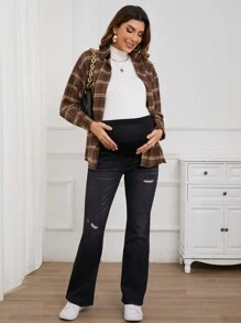 SHEIN Maternity Adjustable Waist Ripped Casual Flare Leg Jeans - Black - View 5