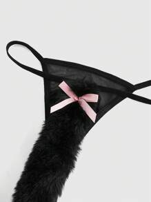 ROMWE Kawaii 可爱猫尾巴设计蝴蝶结性感丁字裤 - 黑色 - 查看 3