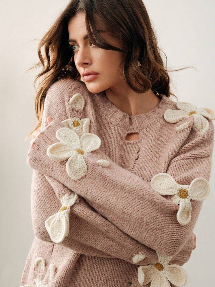 Hand-Crocheted 3D Flower Embellished Soft Round Neck Knitted Sweater Fall Winter