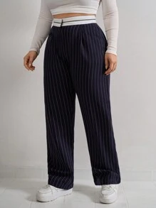 SHEIN Cottnline Plus Size Women's Striped Print Slant Pocket Straight Leg Suit Pants - Navy Blue - View 3