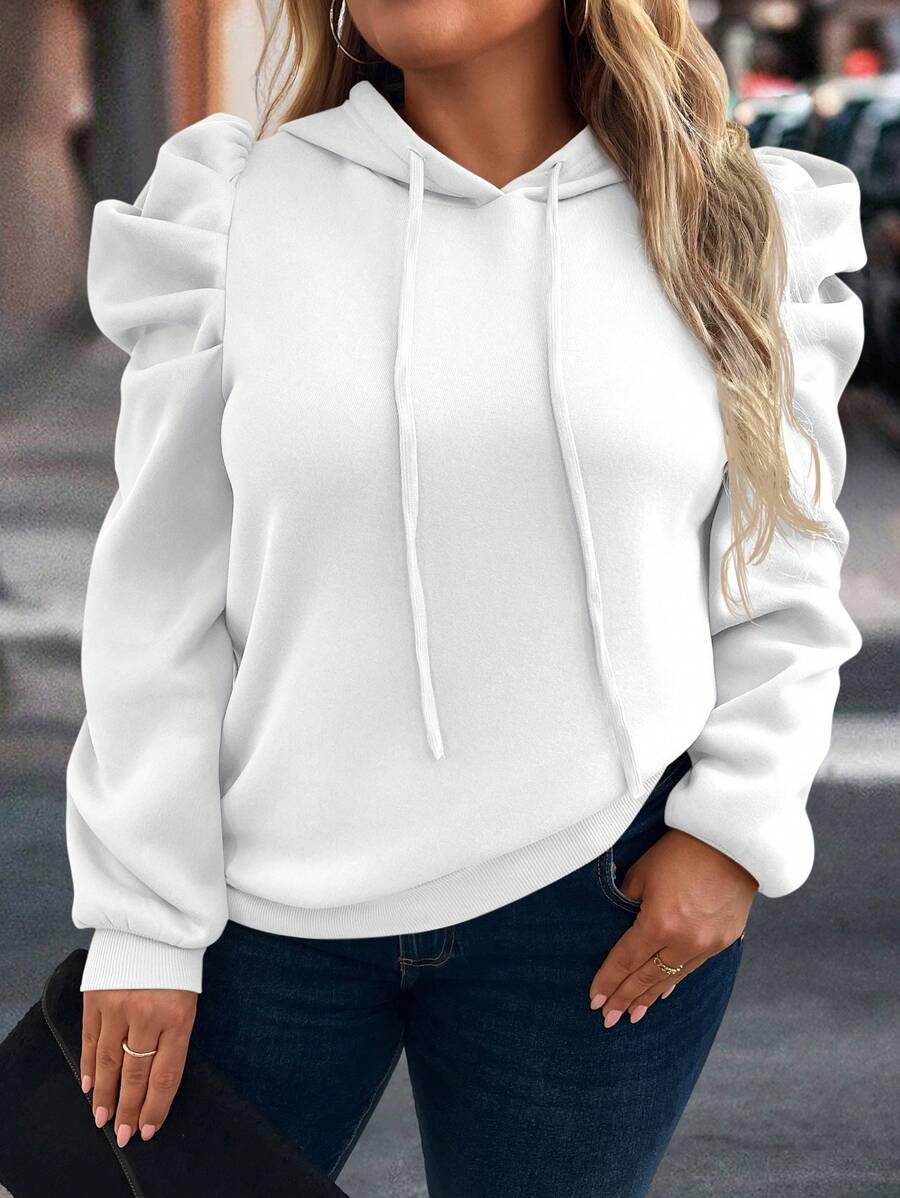 SHEIN LUNE Áo nỉ trùm đầu tay bồng màu trơn cỡ lớn thường ngày, dành cho quần áo mùa thu đông - trắng - Xem 1