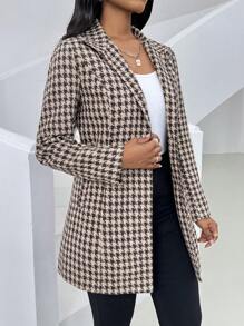 Zolique 女士休闲千鸟格纹单排扣中长夹克 - 咖啡棕 - 查看 4