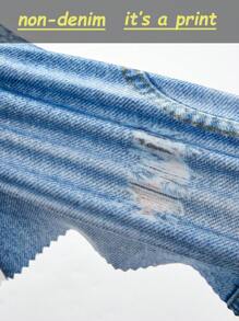 SHEIN 2 件套年轻女孩街头时尚圆领长袖短款女孩肖像 T 恤和松紧腰女孩肖像牛仔效果喇叭裤，春秋 - 玫紅色 - 查看 5