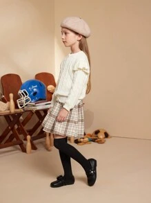 PrepCrw Young Girls Casual Solid Ruffled Trim Cardigan, Autumn/Winter - Beige - View 11