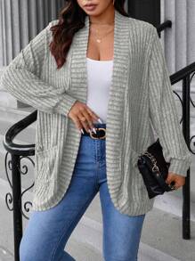 Calvaya 大码纯色带口袋休闲针织长袖开衫 - 灰色 - 查看 5