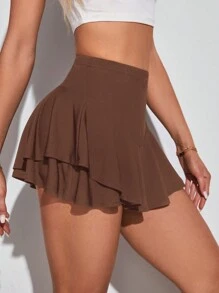 SHEIN Tall 女士纯色针织短裤裙，休闲日常穿着 - 棕色 - 查看 6