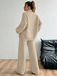 Flirla Bộ 2 áo len dệt kim rộng rãi thoải mái cho nữ và quần, trang phục đa năng cho mùa thu/đông - Màu Khaki - Xem 2