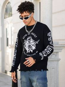 Manfinity Roghcode Męski sweter z jesiennym wzorem liter, okrągłym dekoltem i długim rękawem, dopasowany do sylwetki - Czarne - Zobacz 6