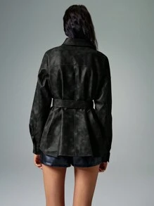 Poéselle 女士皮夹克 PU 夹克 纽扣前口袋 纯色 系带 长袖 常规外套 秋季女装 工装裤 冬季女装 复古外套 商务休闲女士秋装 冬季夹克 女士外套 女士冬装 - 黑色 - 查看 3