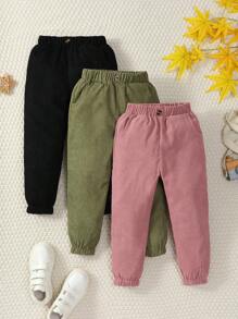 SHEIN 年轻女孩 3 件套儿童纯色松紧腰灯芯绒慢跑裤，秋冬 - 彩色 - 查看 1