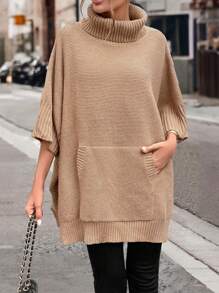 Chiquease Women's Casual Loose Poncho Sweater With Large Pockets, Knit Pullover Fall Winter - Khaki - View 4