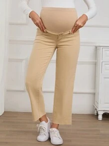 SHEIN Pantalones vaqueros rectos y sueltos de unicolor para maternidad, para primavera y otoño - Caqui - Ver 5