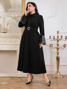 Modelyn 大码女式秋季拼接 PU 皮革喇叭袖长款优雅连衣裙长款晚礼服 - 黑色 - 查看 5