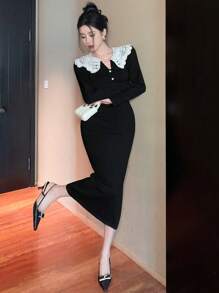 DAZY Damen Rollkragen Farbblock Langarm figurbetonte elegante Pulloverkleid, Herbst/Winter, Silvester, Herbstmode Abendkleid - Schwarz - Übersicht 5