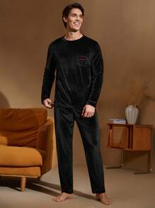 Ensemble de Top manches longues col rond et pantalon avec graphique lettrage pour homme, tenue de détente