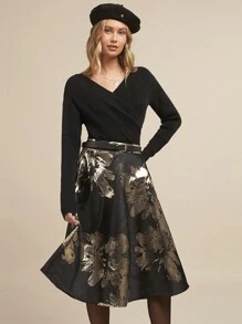 SHEIN Clasi 1 件女士优雅时尚百搭黑色和金色 A 字中裙，适合外出和聚会，秋冬季 - 黑色 - 查看 6